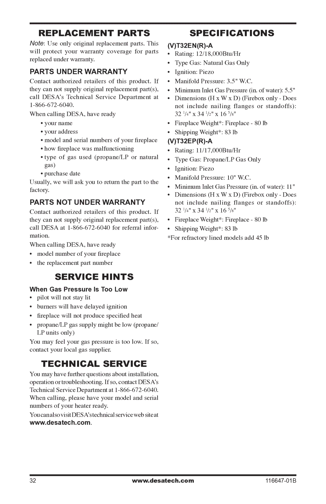 Desa (V)T32EP-A SERIES, (V)T32EN-A SERIES Replacement Parts, Service Hints, Technical Service, Specifications 