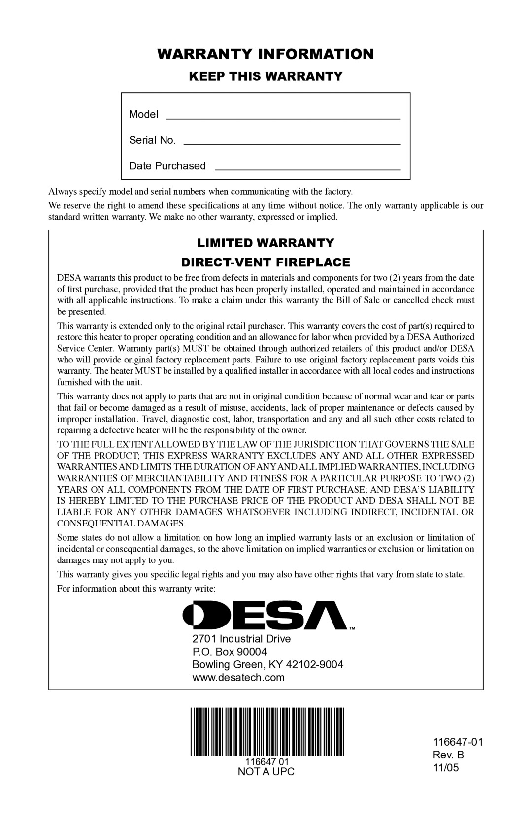 Desa (V)T32EP-A SERIES, (V)T32EN-A SERIES Warranty Information, Keep this Warranty, Limited Warranty DIRECT-VENT Fireplace 