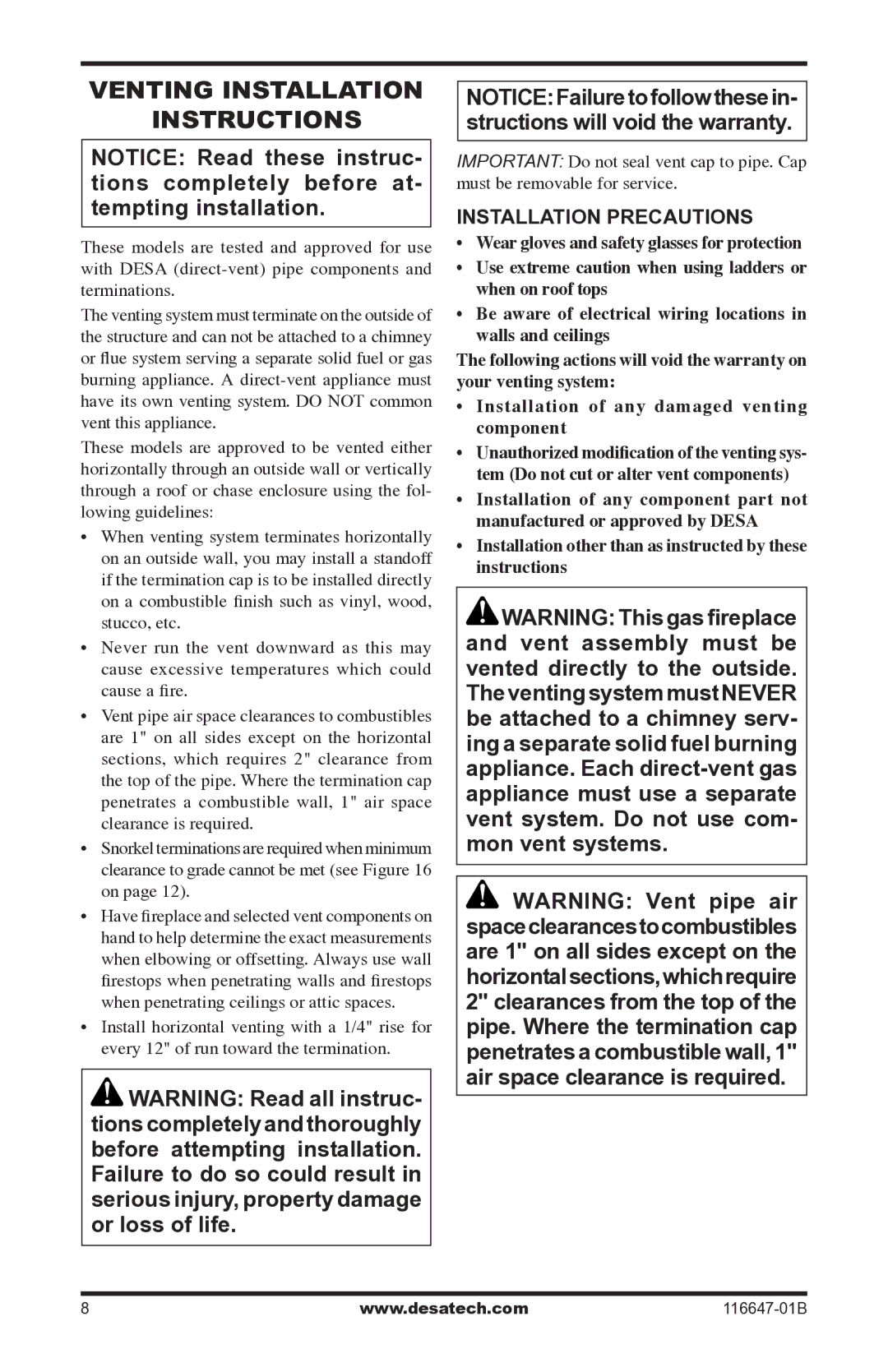 Desa (V)T32EP-A SERIES, (V)T32EN-A SERIES installation manual Venting Installation Instructions, Installation Precautions 