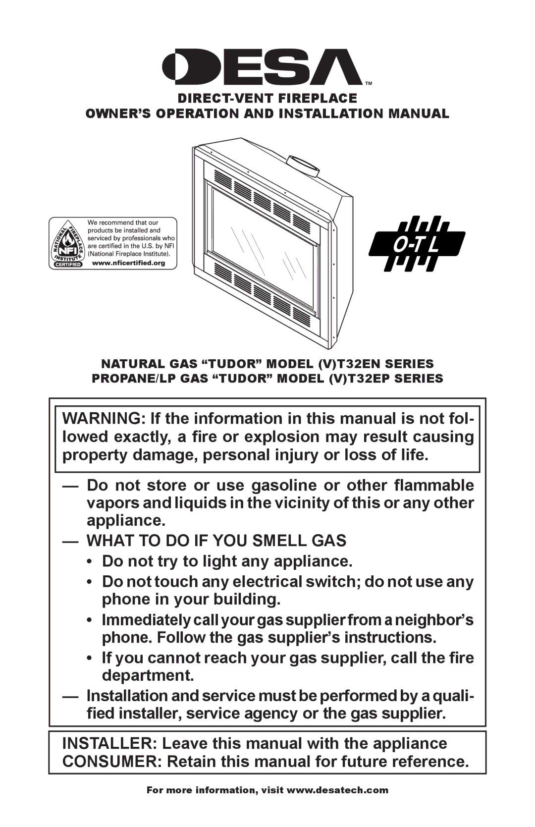 Desa (V)T32EN SERIES, (V)T32EP SERIES installation manual What to do if YOU Smell GAS 