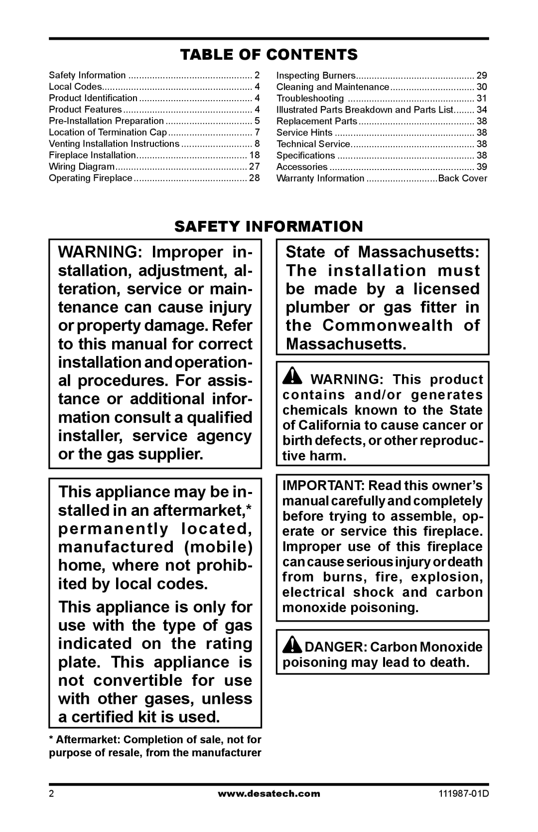 Desa (V)T32EP SERIES, (V)T32EN SERIES installation manual Table of Contents, Safety Information 