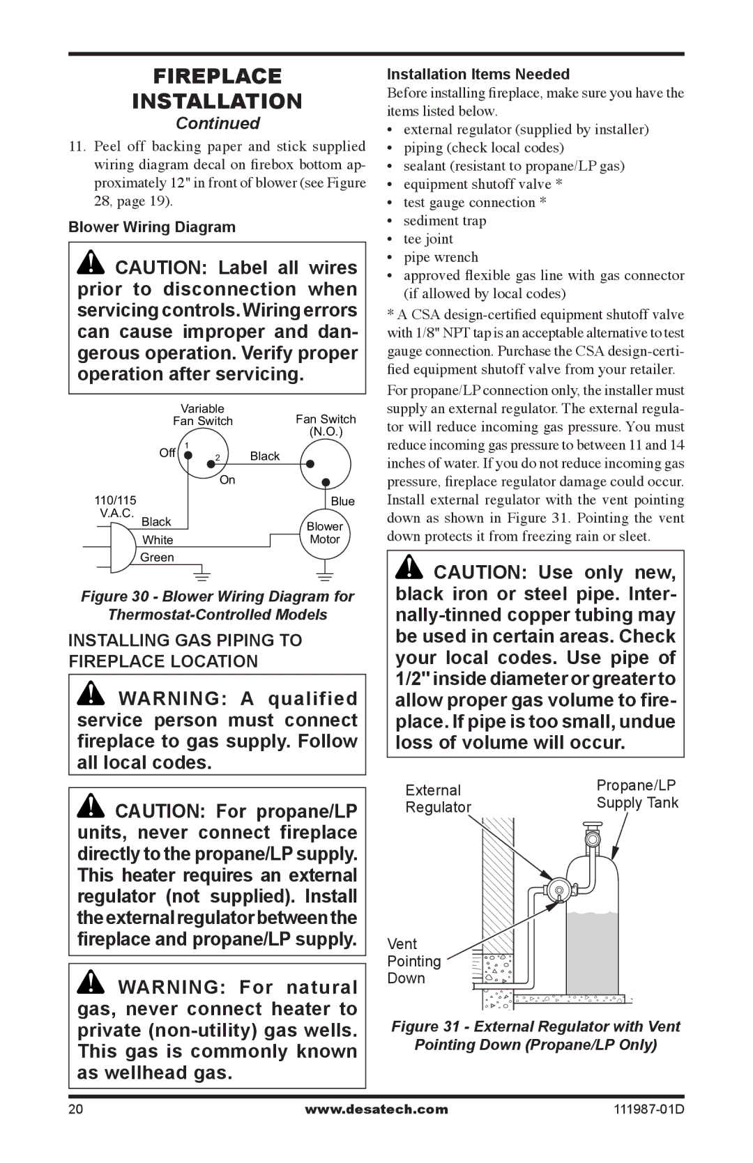 Desa (V)T32EP SERIES Installing Gas Piping to Fireplace Location, Blower Wiring Diagram, Installation Items Needed 