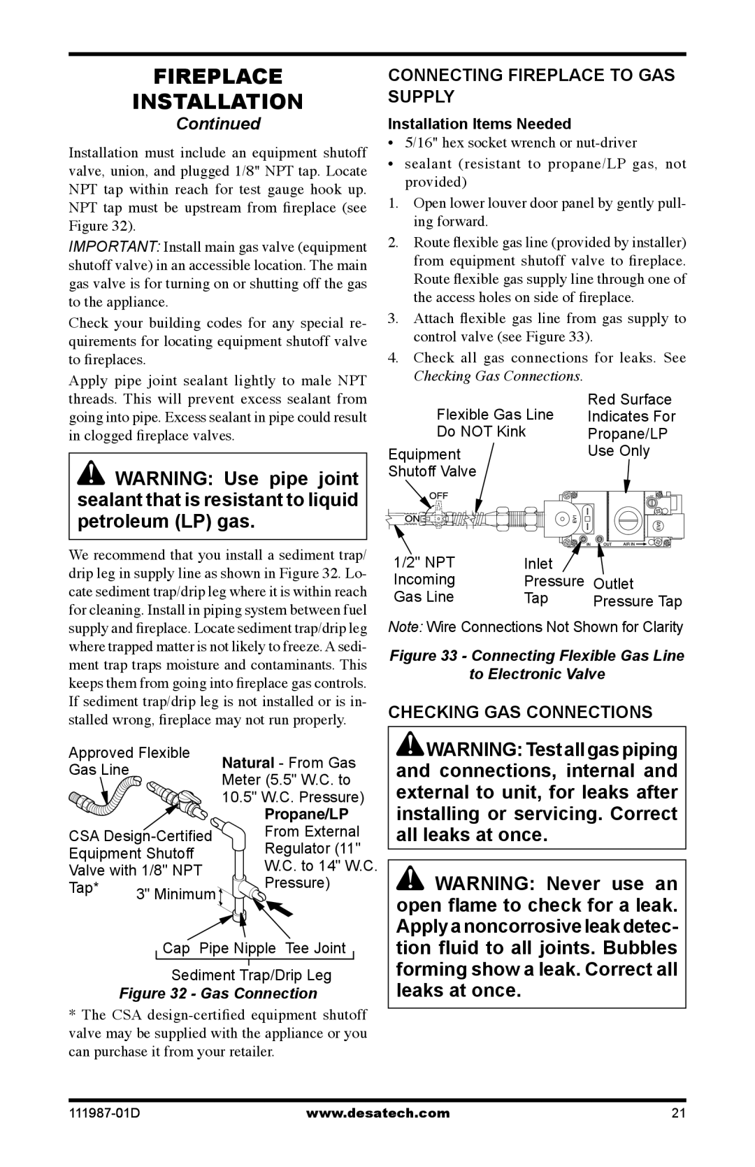 Desa (V)T32EN SERIES, (V)T32EP SERIES installation manual Connecting Fireplace to GAS Supply, Checking GAS Connections 