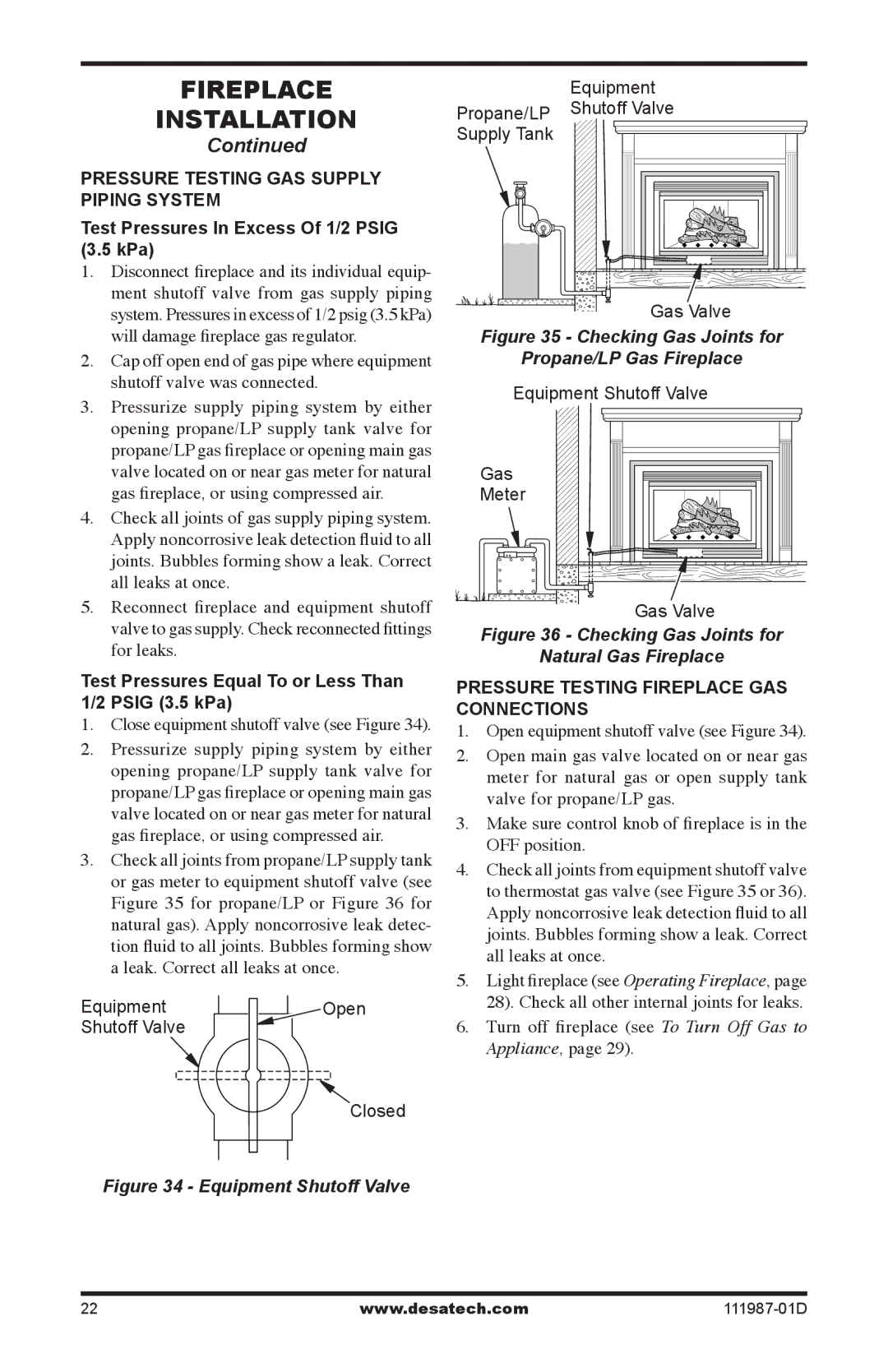 Desa (V)T32EP SERIES Test Pressures Equal To or Less Than Psig 3.5 kPa, Pressure Testing Fireplace Gas Connections 