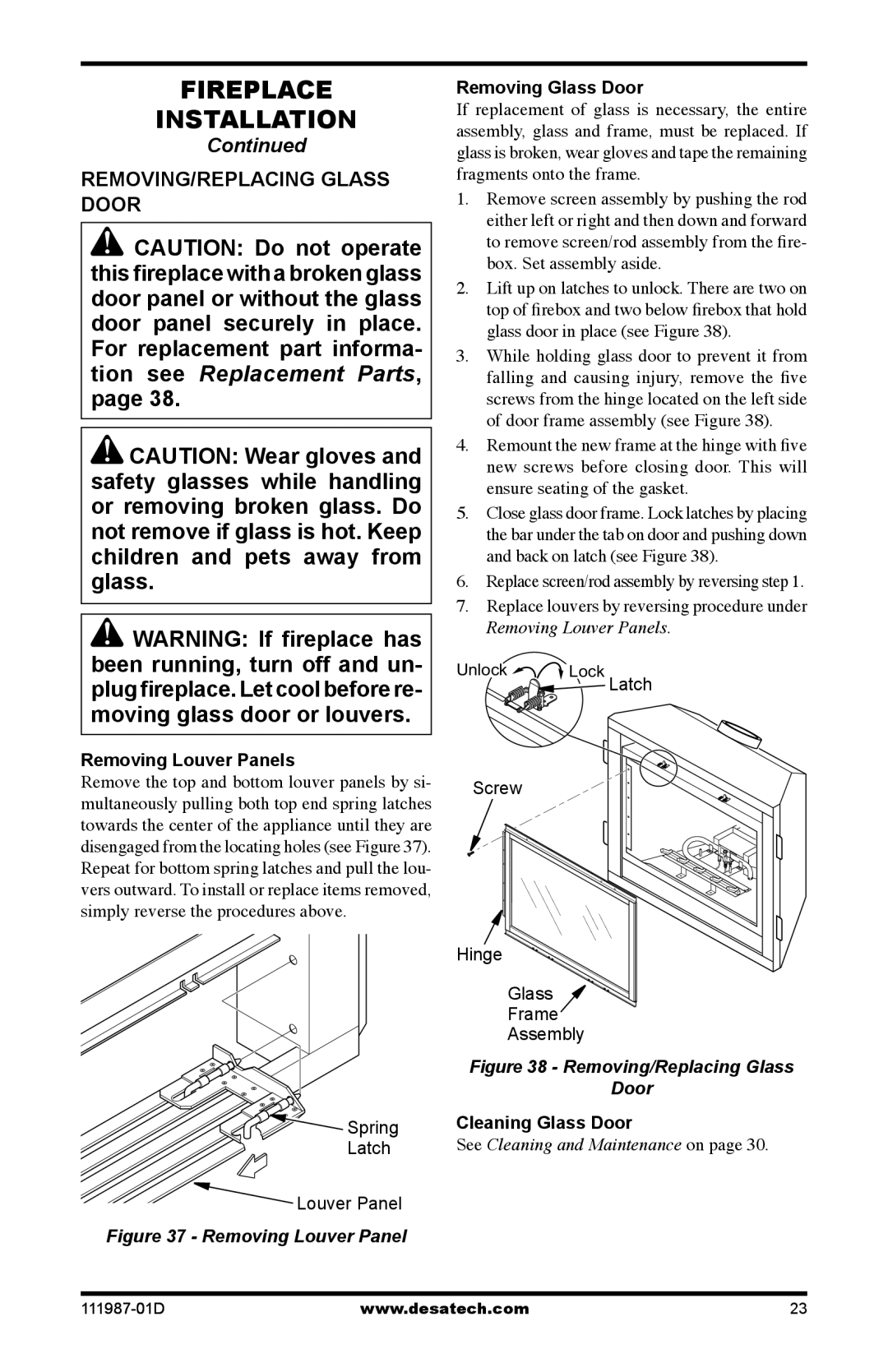 Desa (V)T32EN SERIES Removing/Replacing Glass Door, Removing Louver Panels, Removing Glass Door, Cleaning Glass Door 