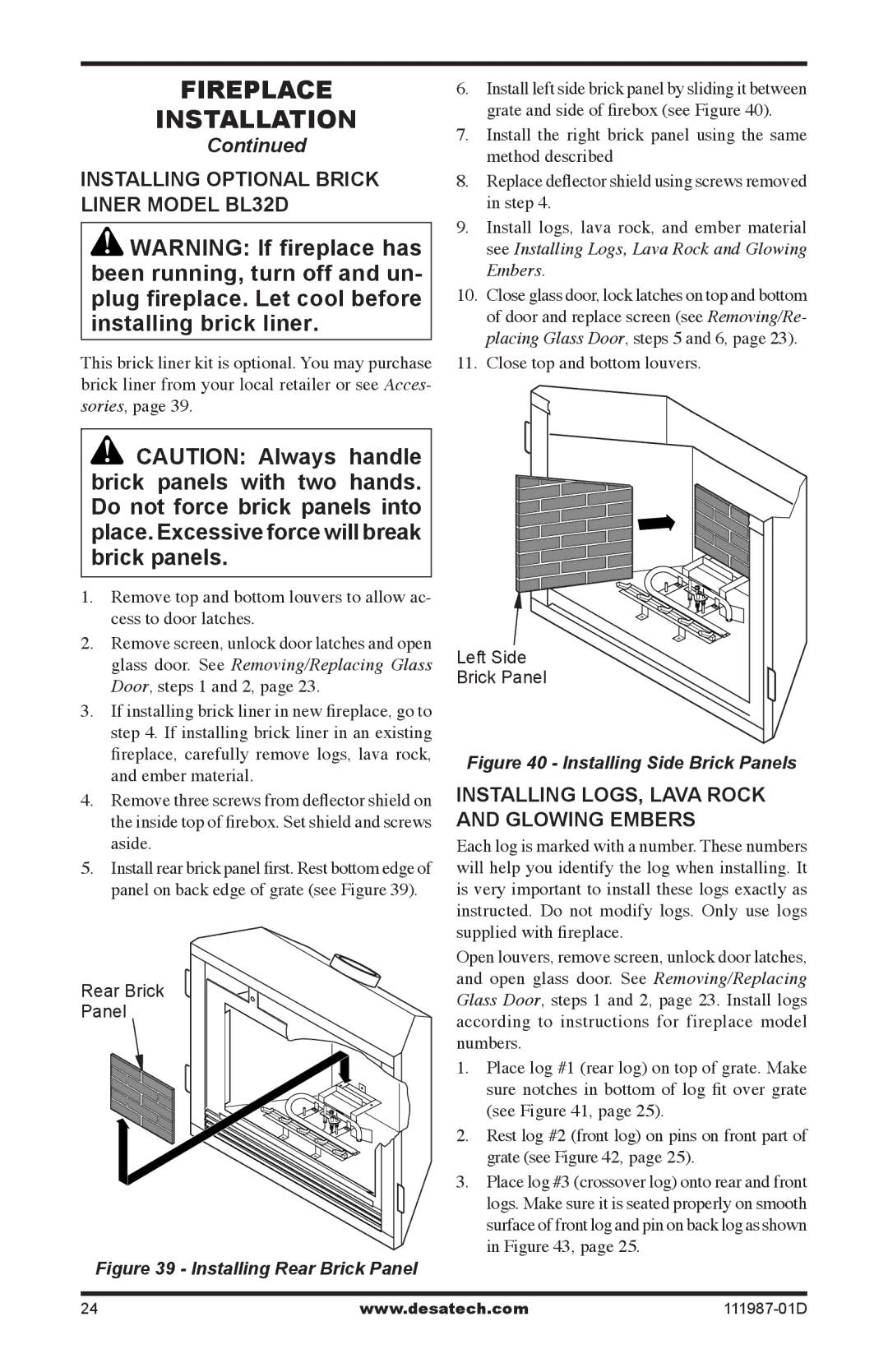 Desa (V)T32EP SERIES Installing Optional Brick liner Model BL32D, Installing logs, lava rock and glowing embers 