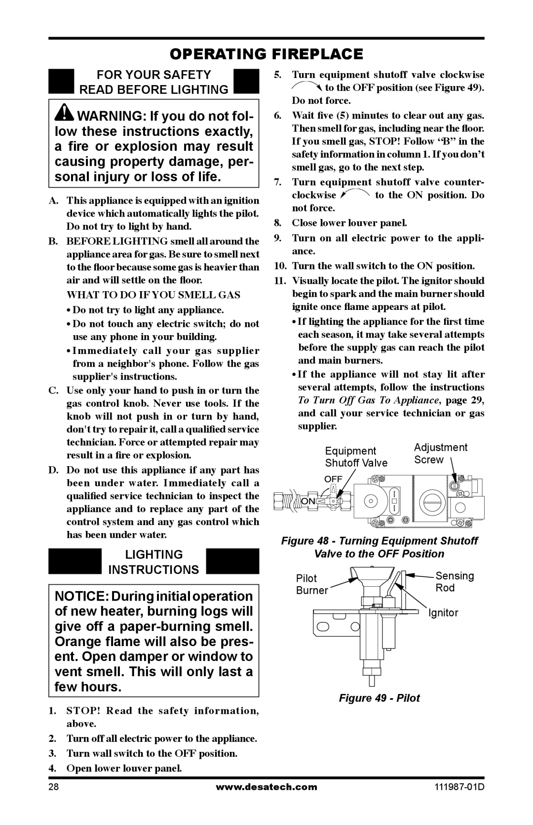 Desa (V)T32EP SERIES, (V)T32EN SERIES Operating Fireplace, For your safety Read before lighting, Lighting Instructions 