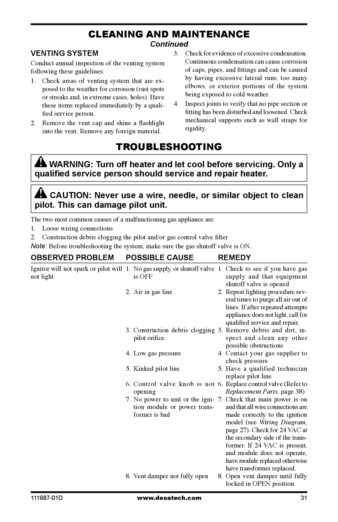 Desa (V)T32EN SERIES Cleaning and Maintenance, Troubleshooting, Venting system, Observed Problem Possible Cause Remedy 