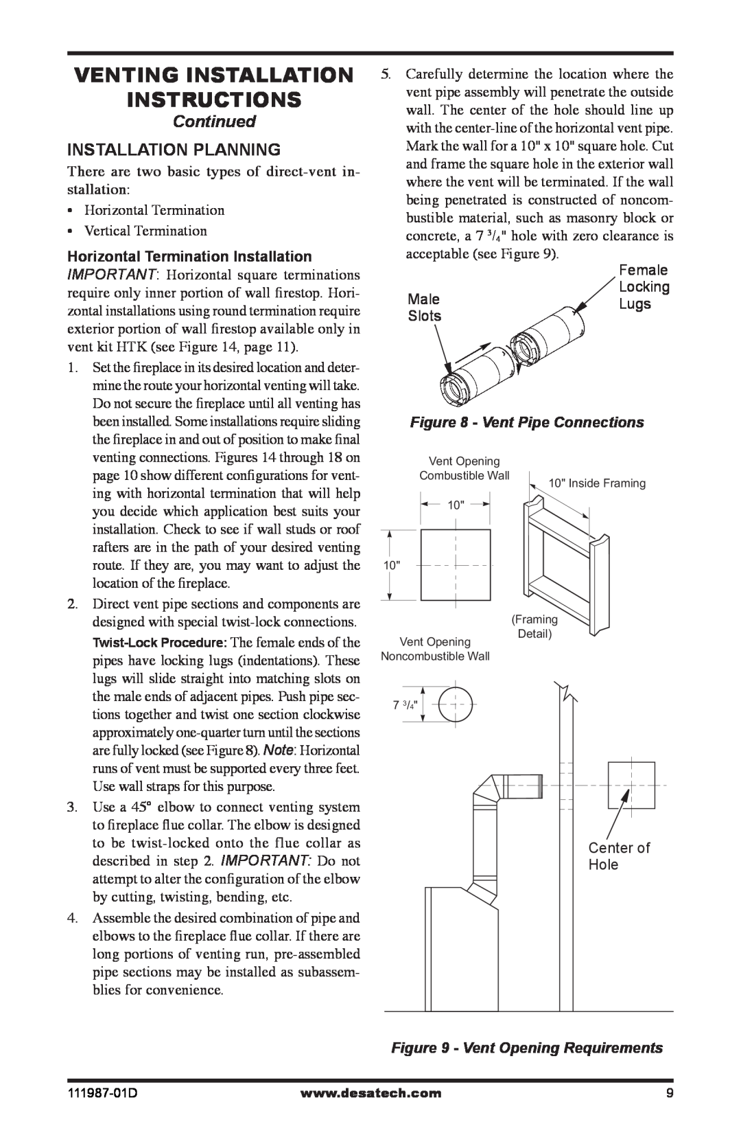 Desa (V)T32EN SERIES Venting Installation instructions, Continued, Installation Planning, Vent Pipe Connections 