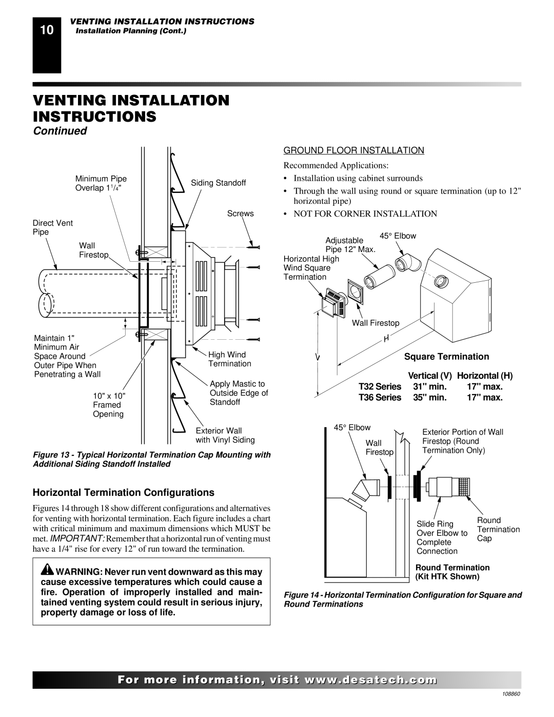 Desa (V)T36EN SERIES, (V)T32EP, (V)T36EP SERIES, V)T32EN Horizontal Termination Configurations, Ground Floor Installation 