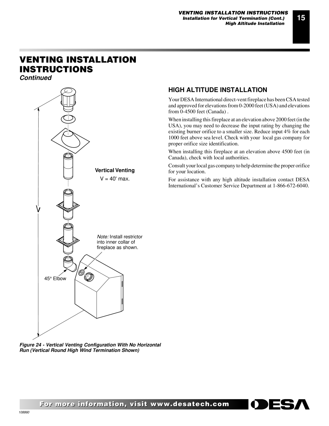 Desa V)T32EN, (V)T32EP, (V)T36EP SERIES, (V)T36EN SERIES installation manual High Altitude Installation, Vertical Venting 