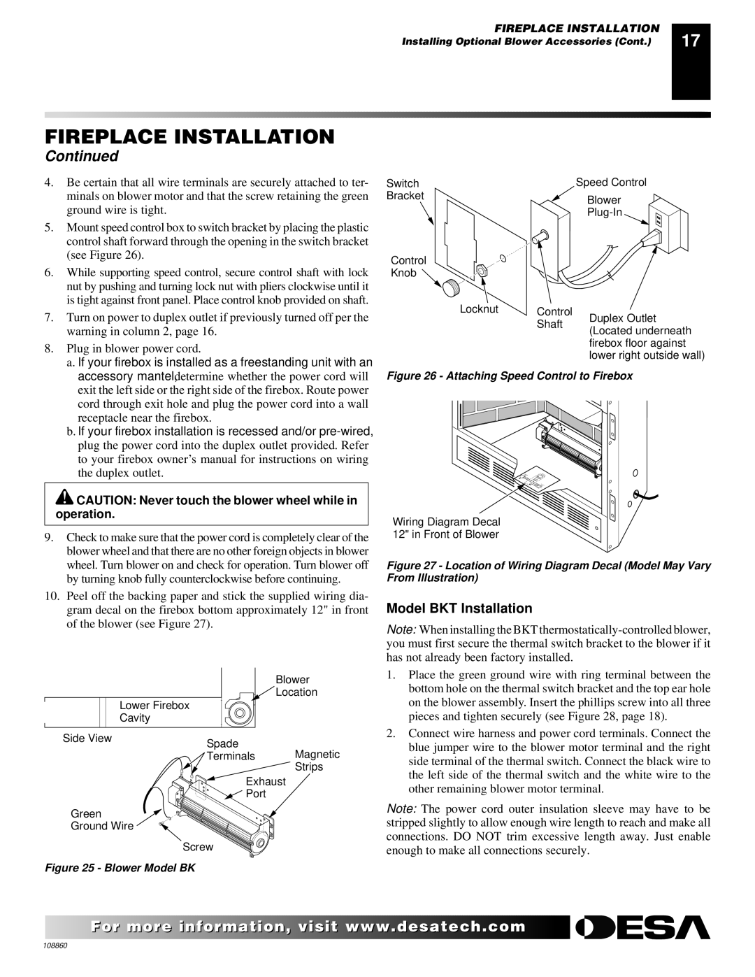 Desa (V)T36EP SERIES, (V)T32EP, (V)T36EN SERIES, V)T32EN installation manual Model BKT Installation, Blower Model BK 