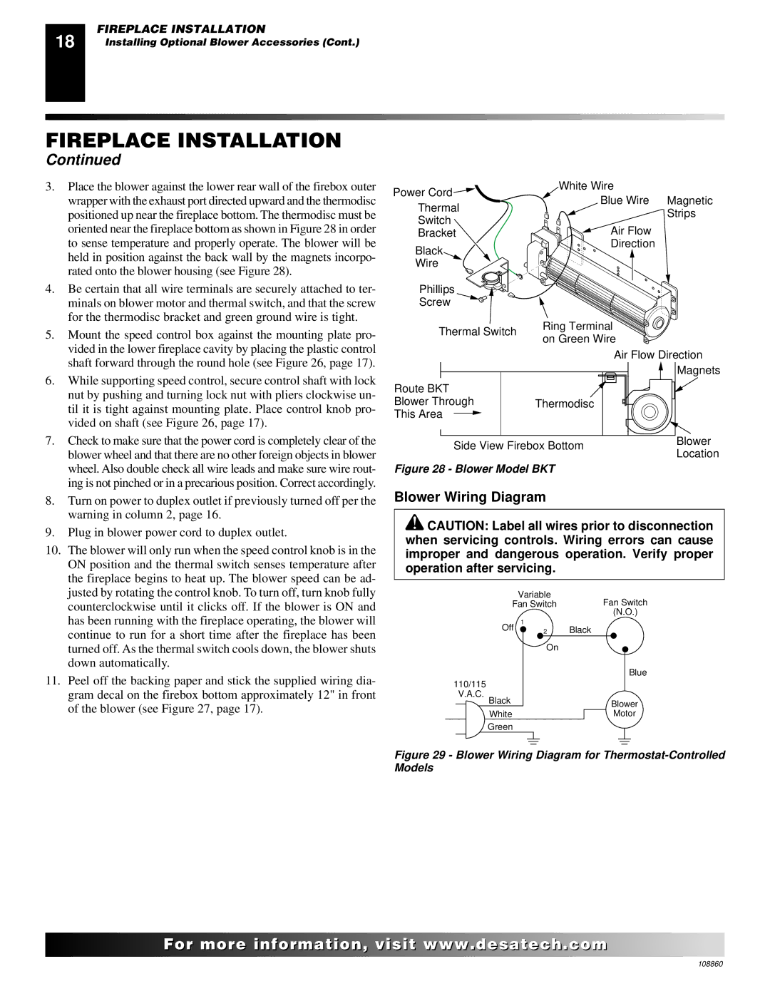 Desa (V)T36EN SERIES, (V)T32EP, (V)T36EP SERIES, V)T32EN installation manual Blower Wiring Diagram, Blower Model BKT 