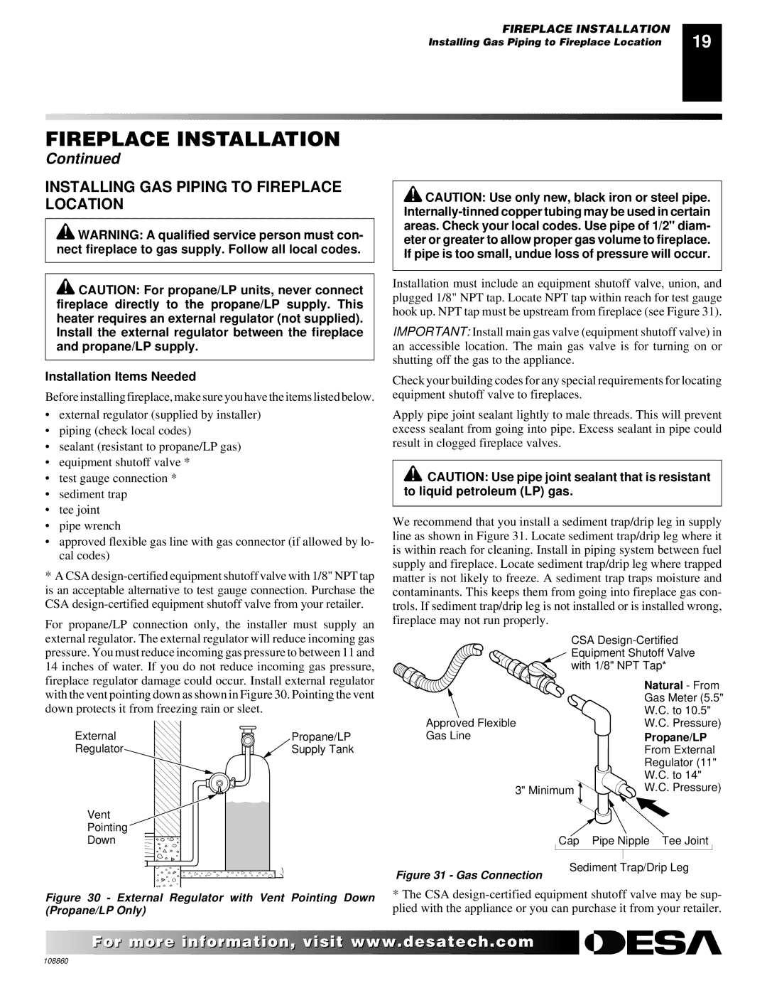 Desa V)T32EN, (V)T32EP, (V)T36EP SERIES Installing GAS Piping to Fireplace Location, Installation Items Needed 