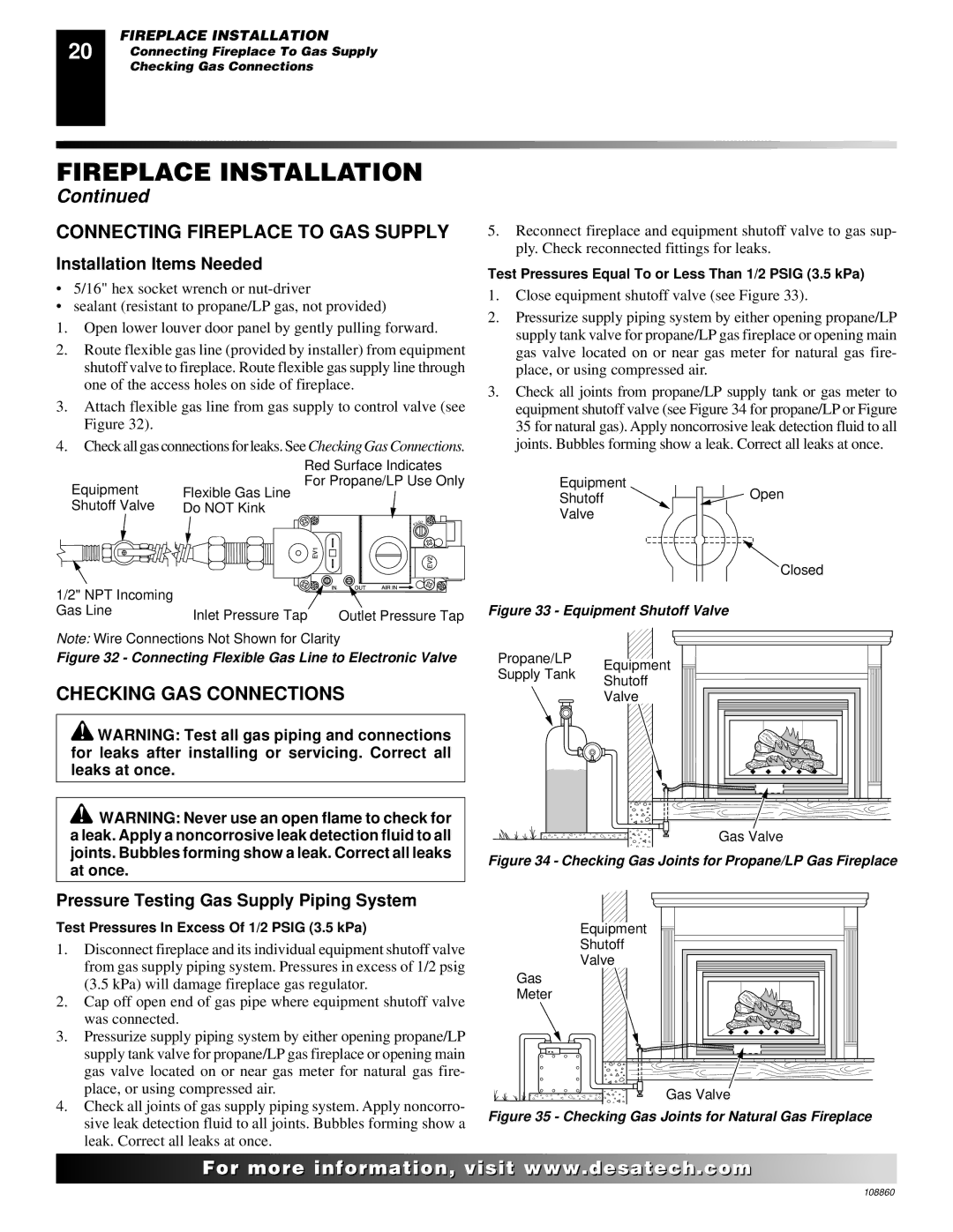 Desa (V)T32EP, (V)T36EP SERIES Connecting Fireplace to GAS Supply, Checking GAS Connections, Installation Items Needed 