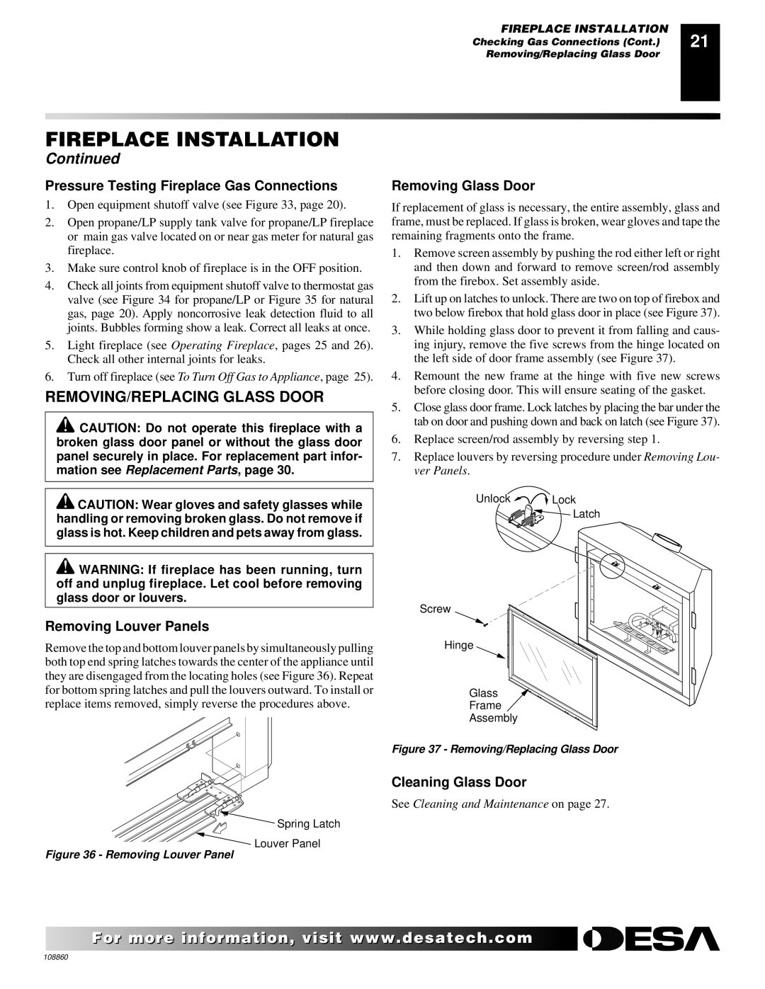 Desa (V)T36EP SERIES REMOVING/REPLACING Glass Door, Pressure Testing Fireplace Gas Connections, Removing Louver Panels 