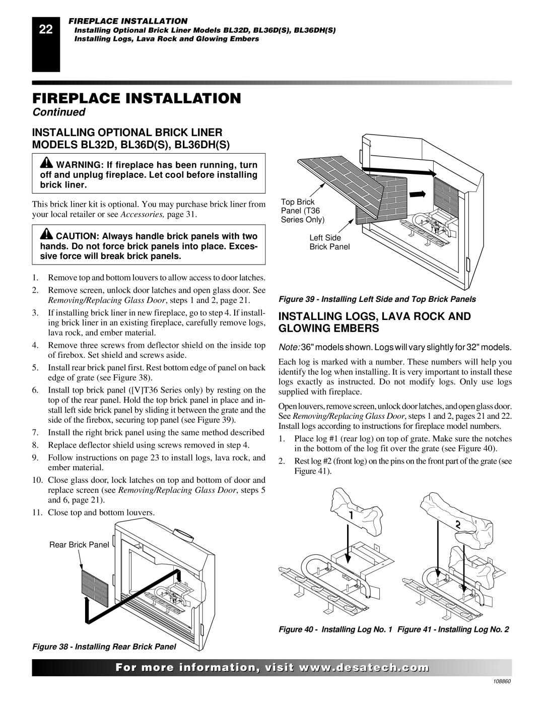 Desa (V)T36EN SERIES, (V)T32EP, (V)T36EP SERIES Installing LOGS, Lava Rock and Glowing Embers, Installing Rear Brick Panel 