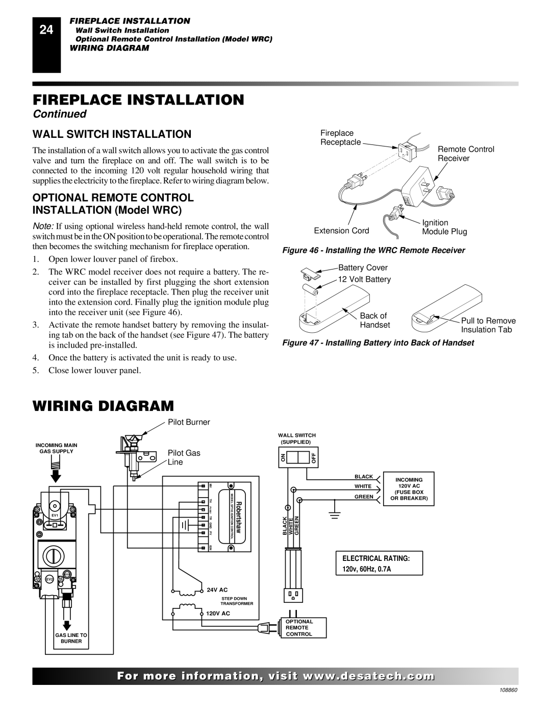 Desa (V)T32EP, (V)T36EP SERIES, (V)T36EN SERIES, V)T32EN Wiring Diagram, Wall Switch Installation, Optional Remote Control 