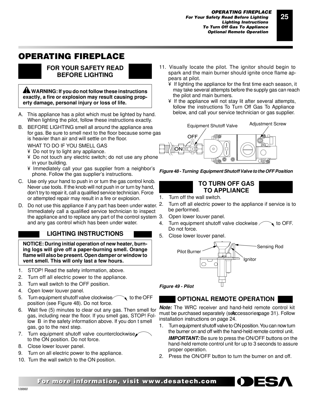 Desa (V)T36EP SERIES, (V)T32EP, V)T32EN Operating Fireplace, For Your Safety Read Before Lighting, Lighting Instructions 