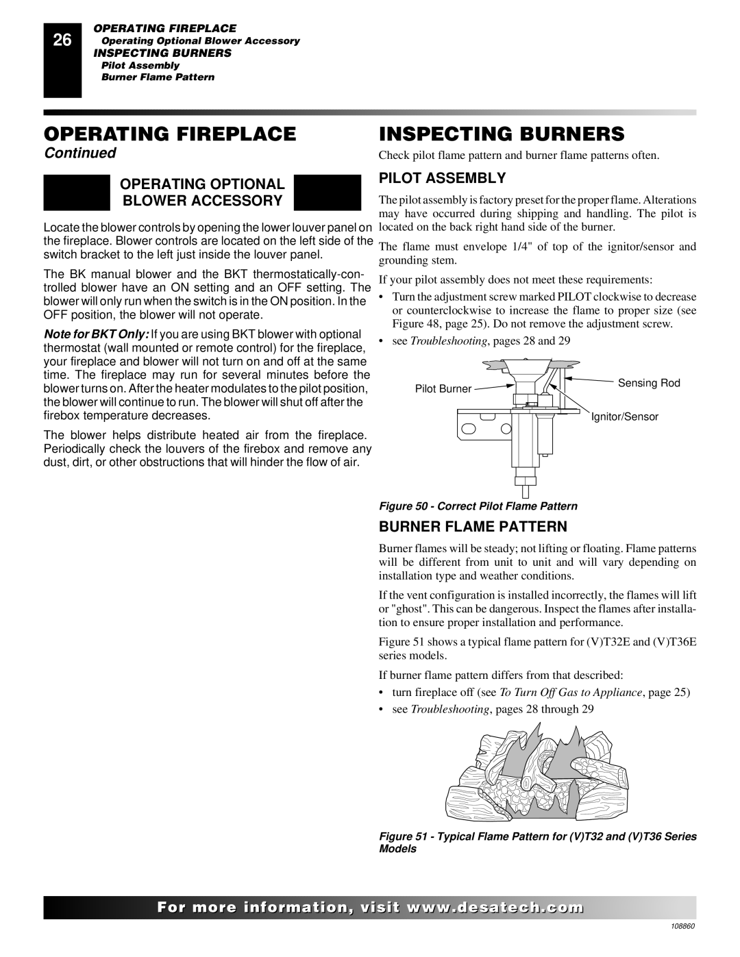 Desa (V)T36EN SERIES Inspecting Burners, Operating Optional Blower Accessory, Pilot Assembly, Burner Flame Pattern 