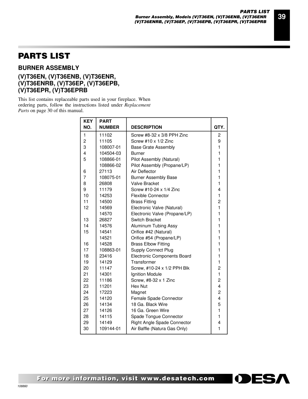 Desa V)T32EN, (V)T32EP, (V)T36EP SERIES, (V)T36EN SERIES installation manual KEY Part Number Description QTY 