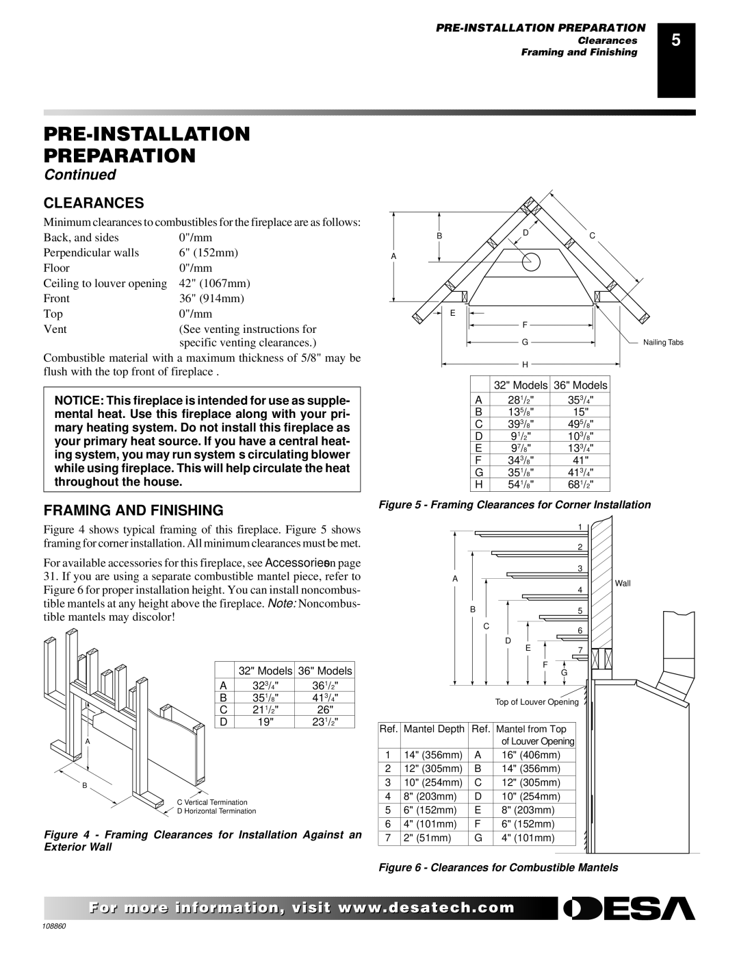 Desa (V)T36EP SERIES, (V)T32EP, (V)T36EN SERIES, V)T32EN installation manual Clearances, Framing and Finishing 