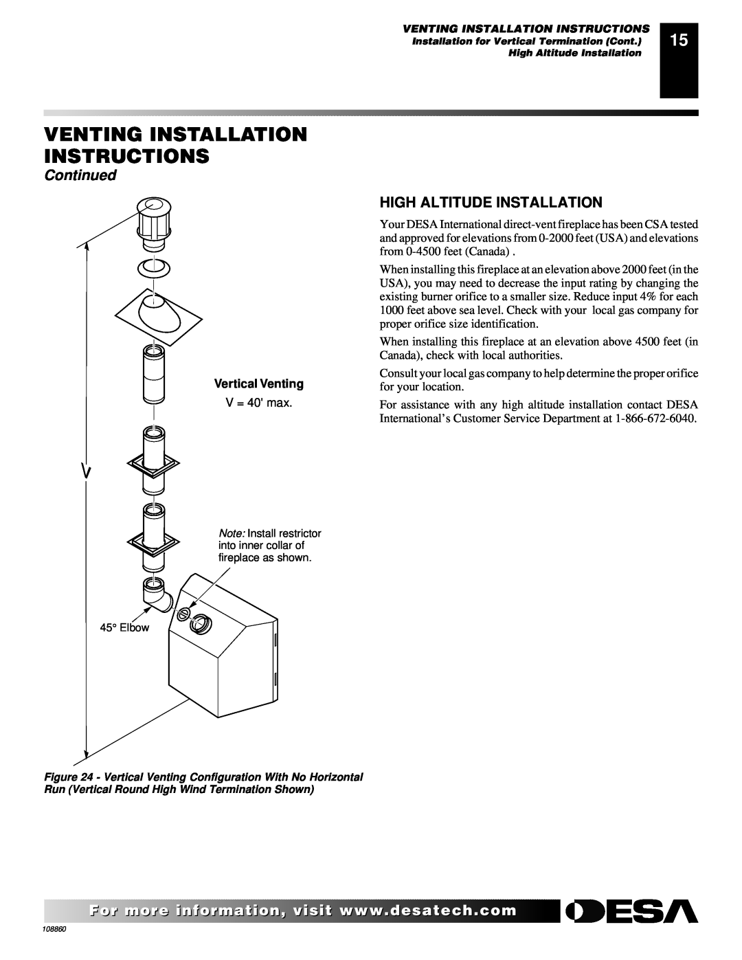 Desa V)T32EN, (V)T32EP Venting Installation Instructions, Continued, High Altitude Installation, Vertical Venting 