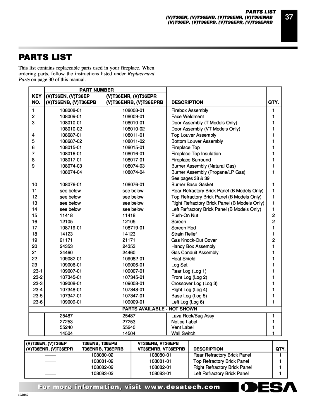 Desa (V)T36EP SERIES, (V)T32EP, (V)T36EN SERIES, V)T32EN installation manual For more, visit www, Parts List 