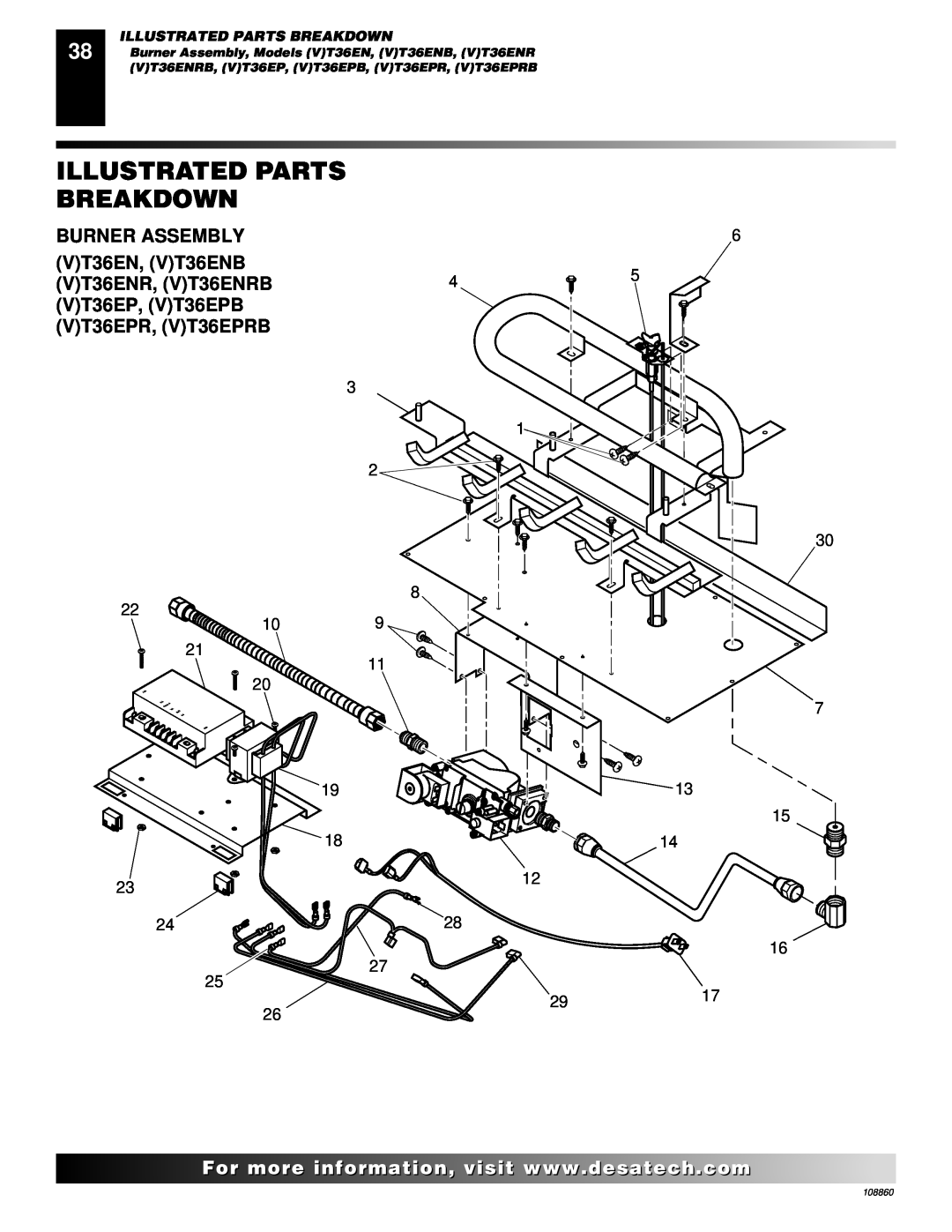Desa (V)T36EN SERIES Illustrated Parts, Breakdown, Burner Assembly, VT36EN, VT36ENB, VT36ENR, VT36ENRB, VT36EP, VT36EPB 