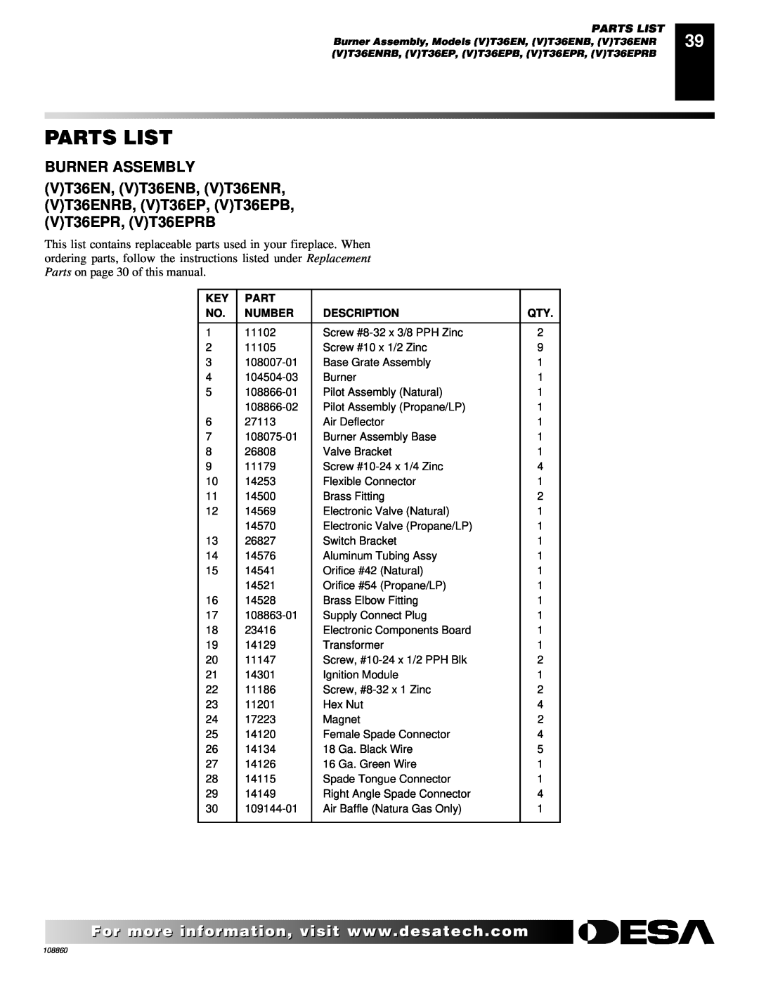 Desa V)T32EN, (V)T32EP, (V)T36EP SERIES, (V)T36EN SERIES installation manual Parts List, Burner Assembly 