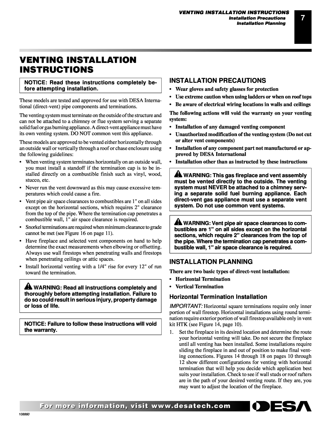 Desa V)T32EN, (V)T32EP, (V)T36EP SERIES Venting Installation Instructions, Installation Precautions, Installation Planning 