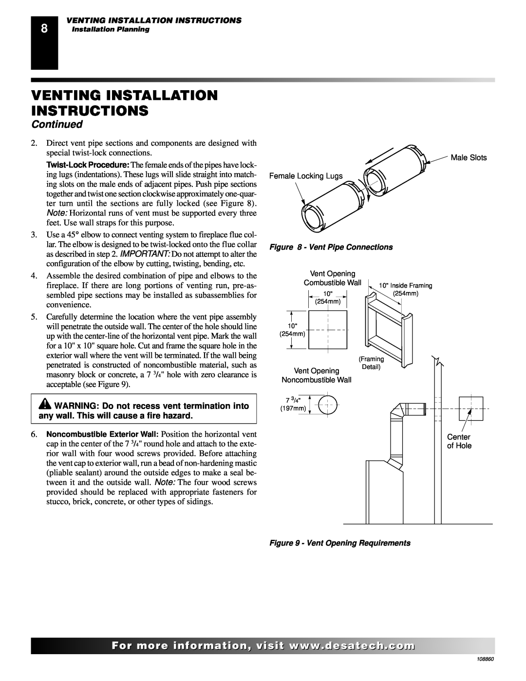Desa (V)T32EP Venting Installation Instructions, Continued, Male Slots Female Locking Lugs, Vent Pipe Connections, Center 