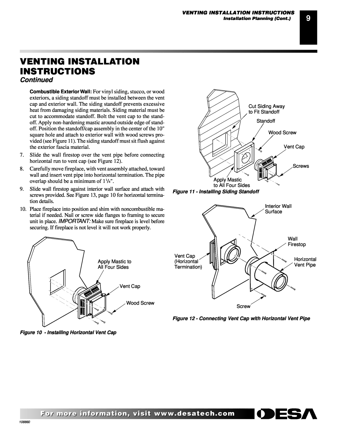 Desa (V)T36EP SERIES, (V)T32EP, V)T32EN Venting Installation Instructions, Continued, Installing Horizontal Vent Cap 