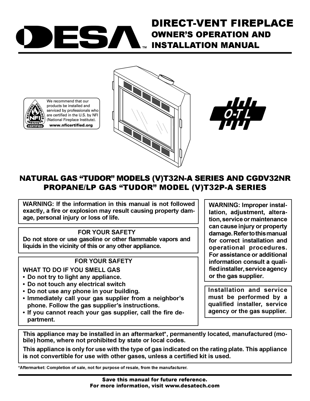 Desa (V)T32P-A Series, (V)T32N-A Series installation manual OWNER’S Operation Installation Manual, For Your Safety 