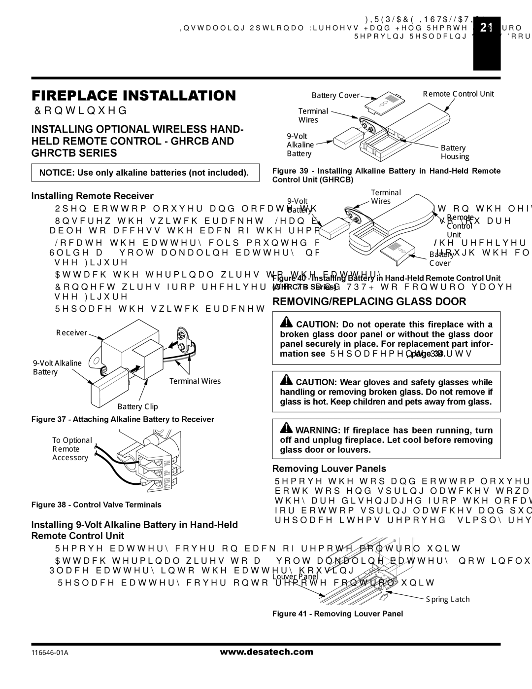 Desa (V)T32N-A Series, (V)T32P-A Series REMOVING/REPLACING Glass Door, Installing Remote Receiver, Removing Louver Panels 