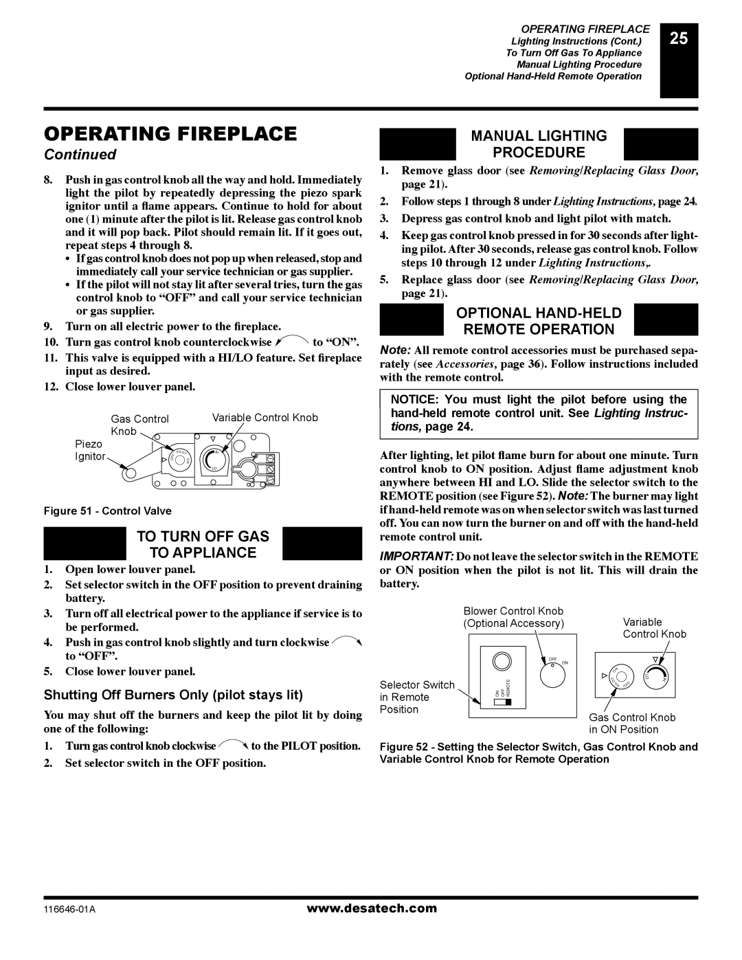 Desa (V)T32P-A Series To Turn OFF GAS To Appliance, Manual Lighting Procedure, Optional HAND-HELD Remote Operation 