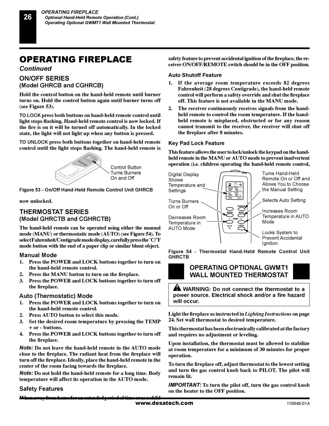 Desa CGDV32NR, (V)T32N-A Series ON/OFF Series, Thermostat Series, Operating Optional GWMT1 Wall Mounted Thermostat 