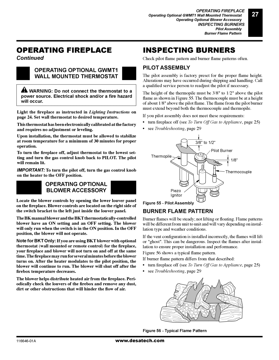 Desa (V)T32N-A Series Inspecting Burners, Operating Optional Blower Accessory, Pilot Assembly, Burner Flame Pattern 