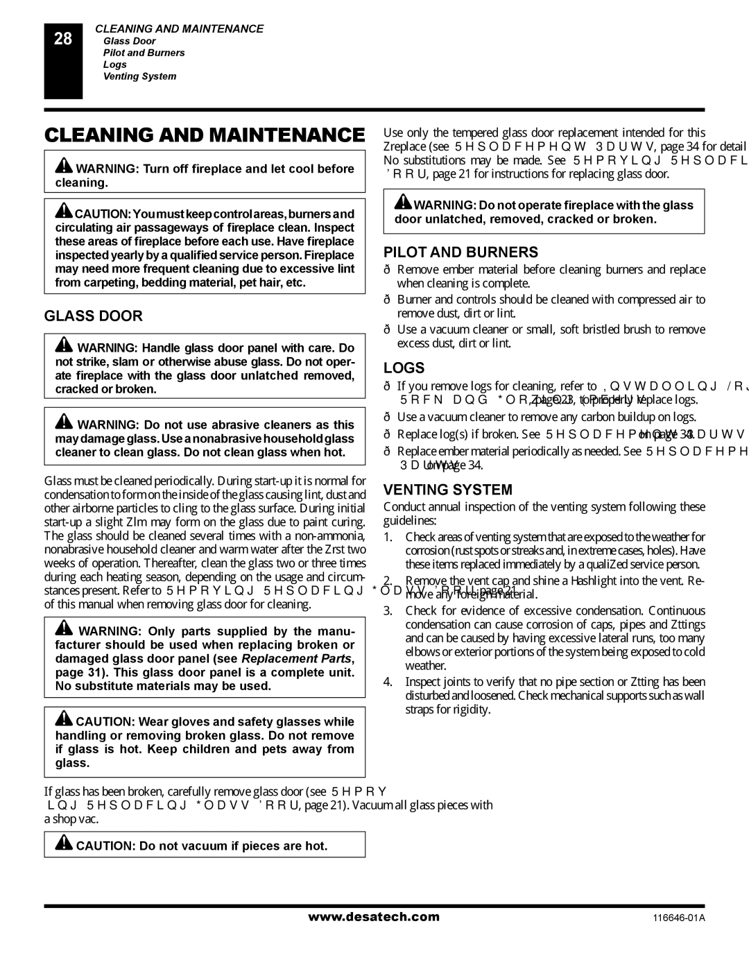 Desa (V)T32P-A Series, (V)T32N-A Series Cleaning and Maintenance, Glass Door, Pilot and Burners, Logs, Venting System 