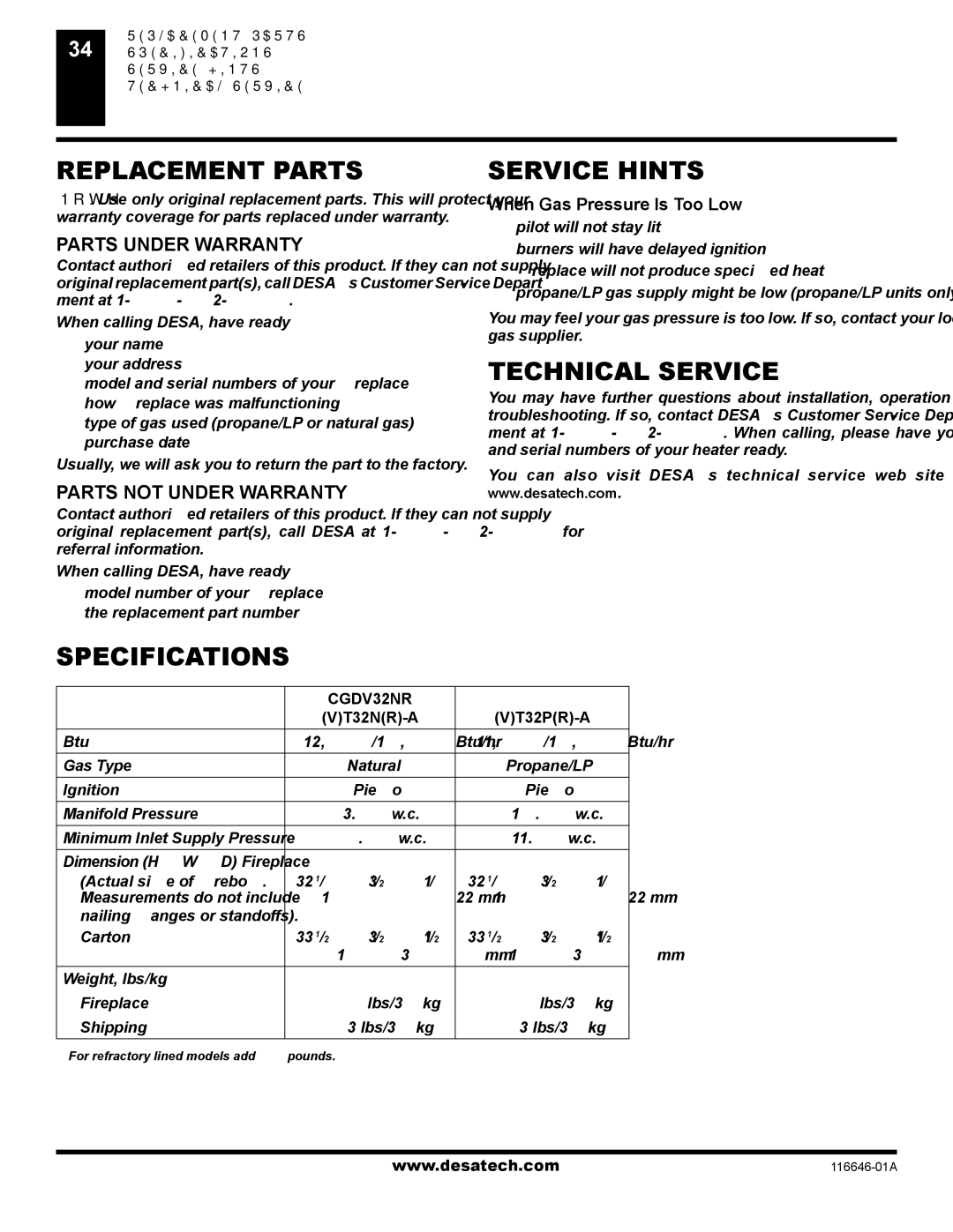 Desa (V)T32P-A Series, (V)T32N-A Series, CGDV32NR Replacement Parts, Service Hints, Technical Service, Specifications 