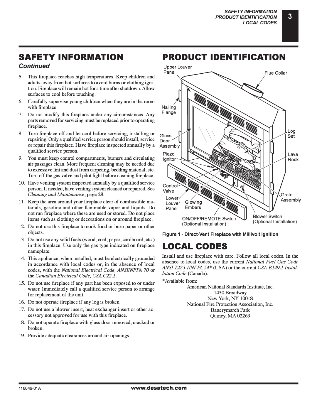 Desa (V)T32N-A Series Product Identification, Local Codes, Continued, Safety Information, Cleaning and Maintenance, page 