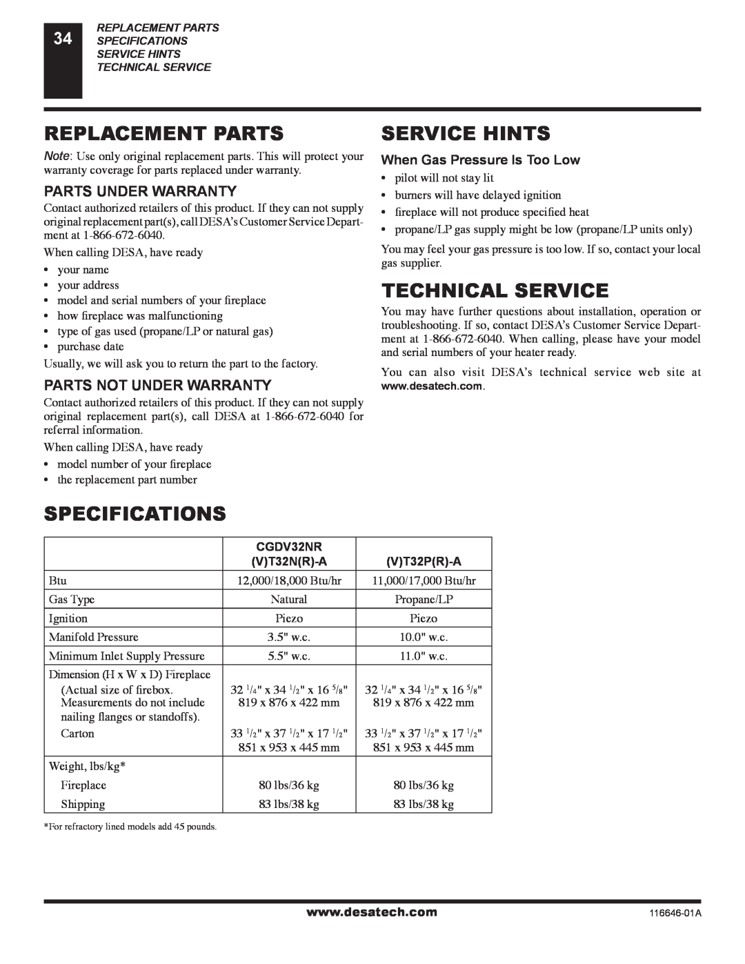 Desa (V)T32P-A Series Replacement Parts, Service Hints, Technical Service, Specifications, When Gas Pressure Is Too Low 