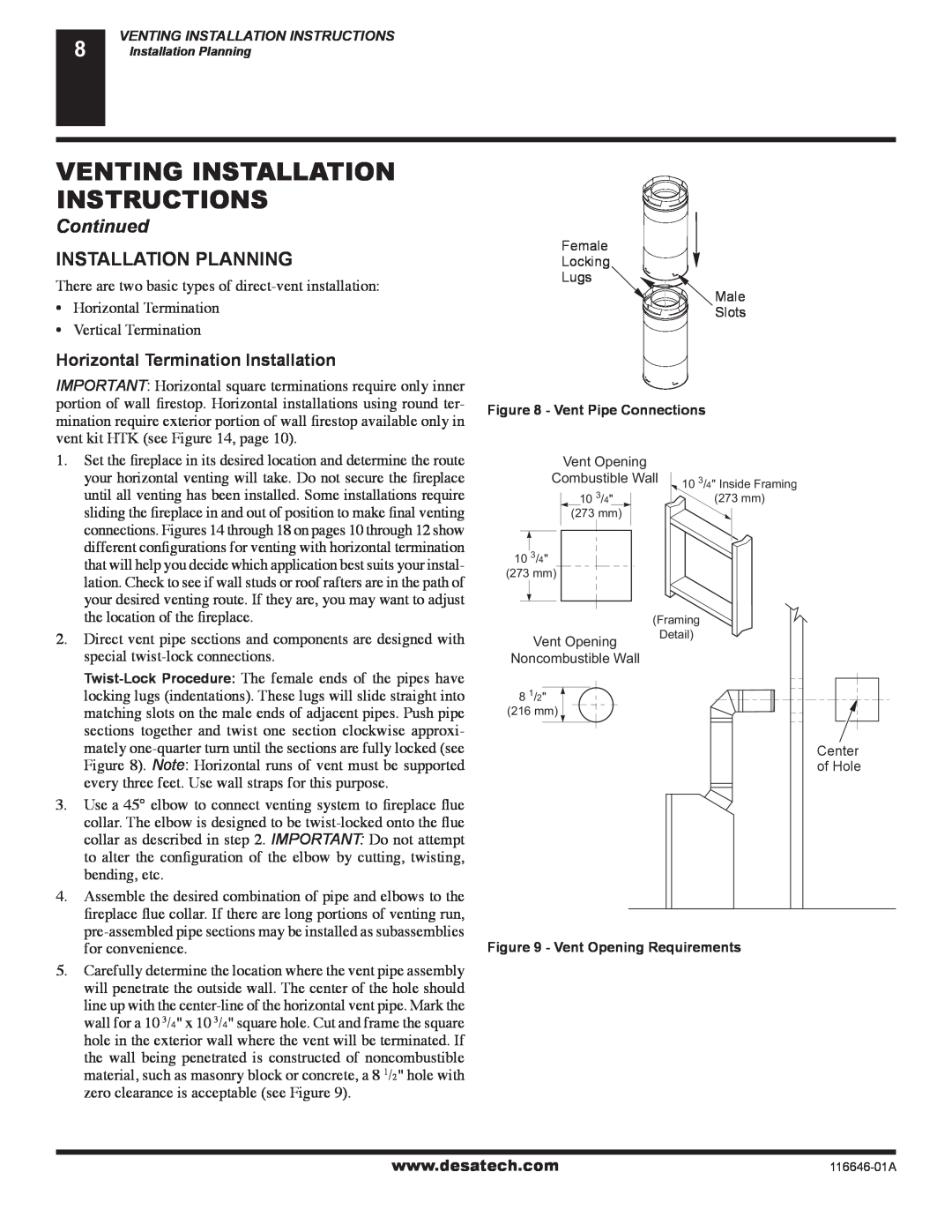 Desa CGDV32NR Venting Installation Instructions, Continued, Installation Planning, Horizontal Termination Installation 