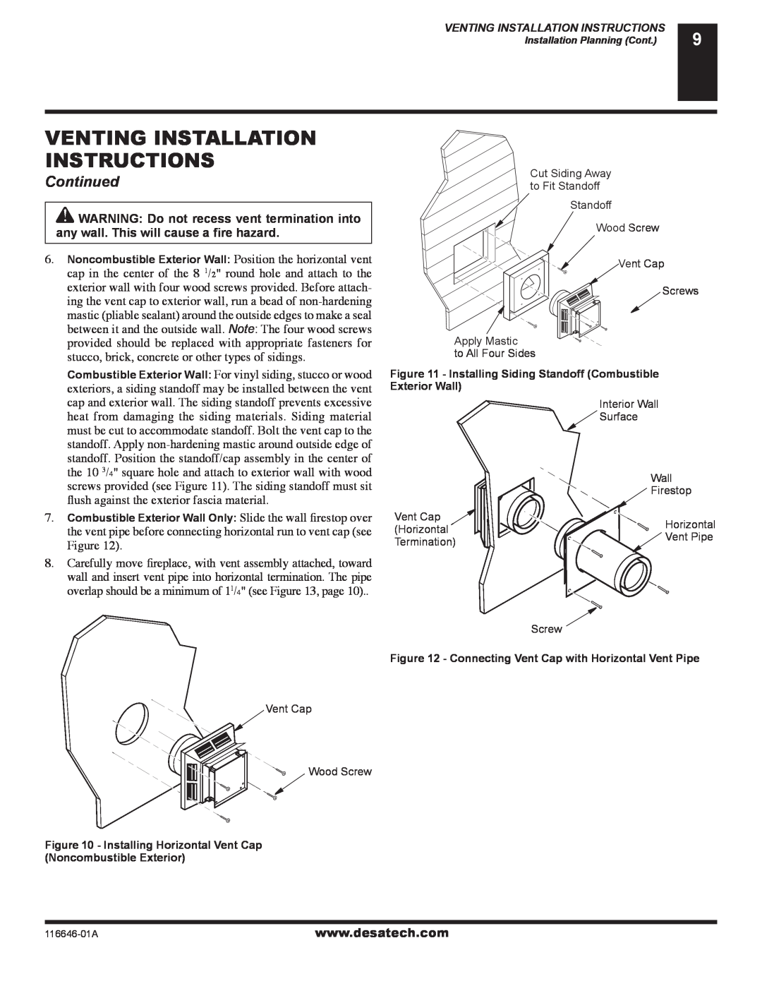 Desa (V)T32N-A Series Venting Installation Instructions, Continued, Exterior Wall, Installing Horizontal Vent Cap 