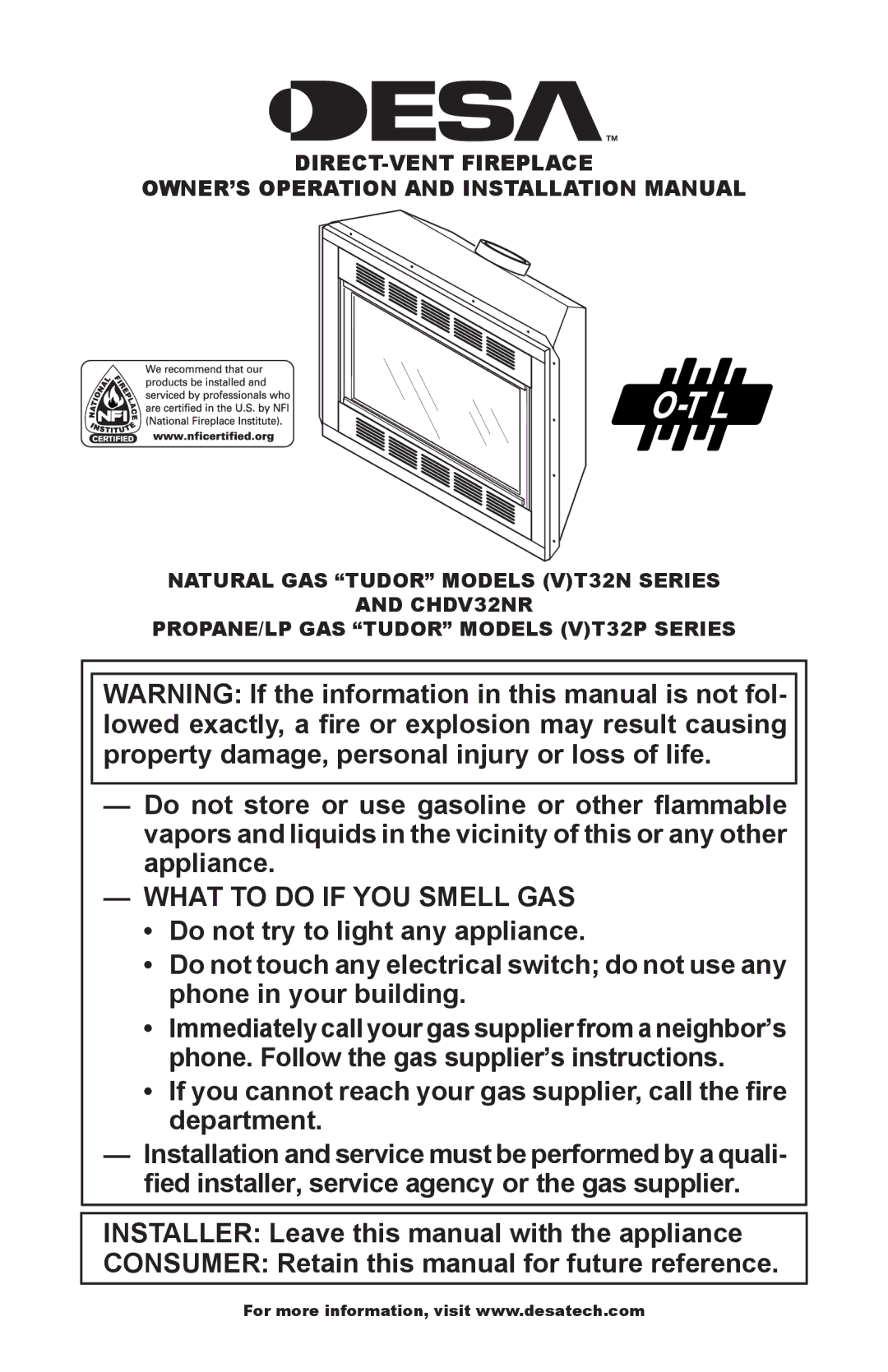 Desa (V)T32P SERIES, (V)T32N SERIES installation manual What to do if YOU Smell GAS 