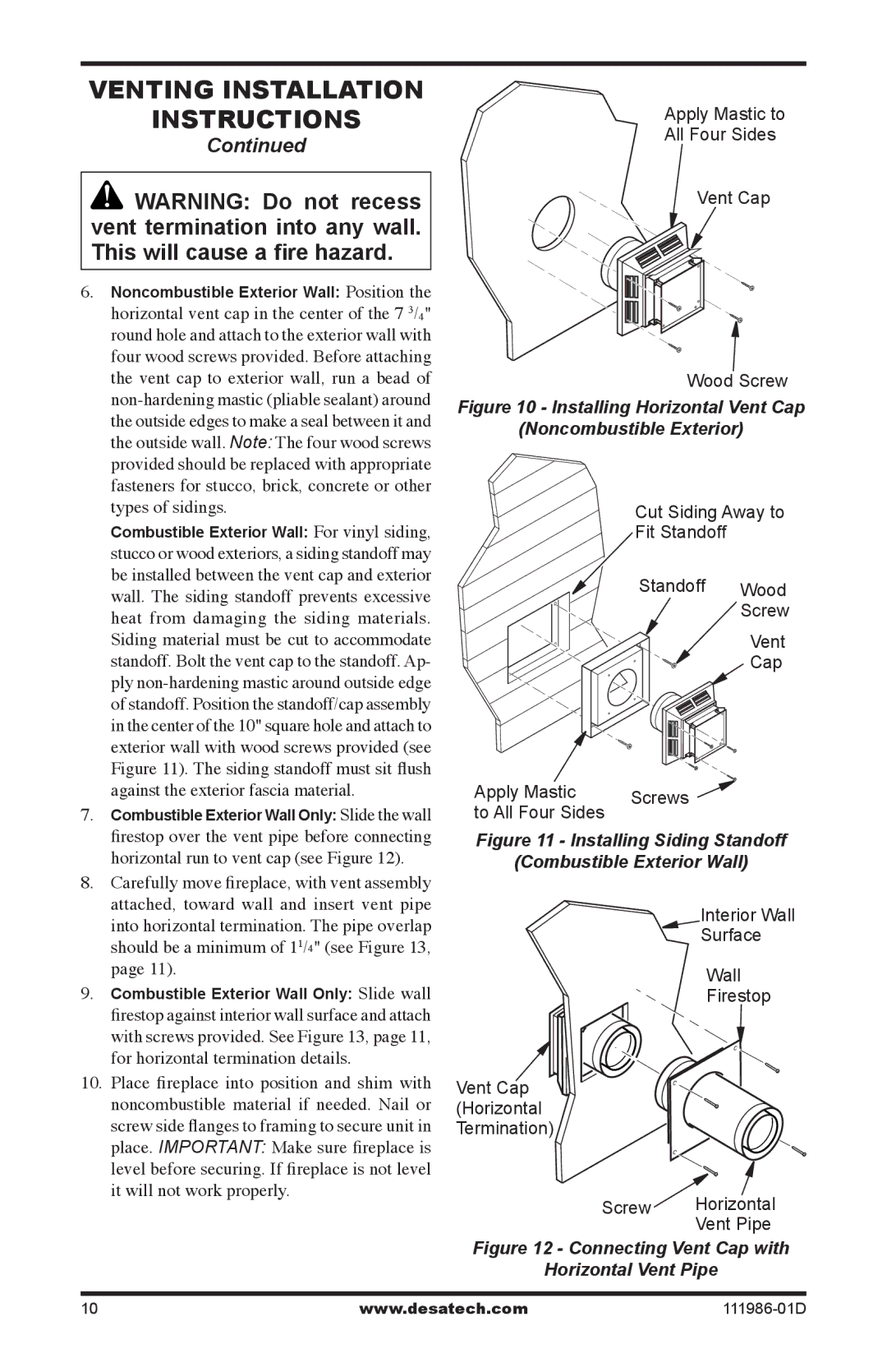 Desa (V)T32N SERIES, (V)T32P SERIES installation manual Installing Horizontal Vent Cap Noncombustible Exterior 