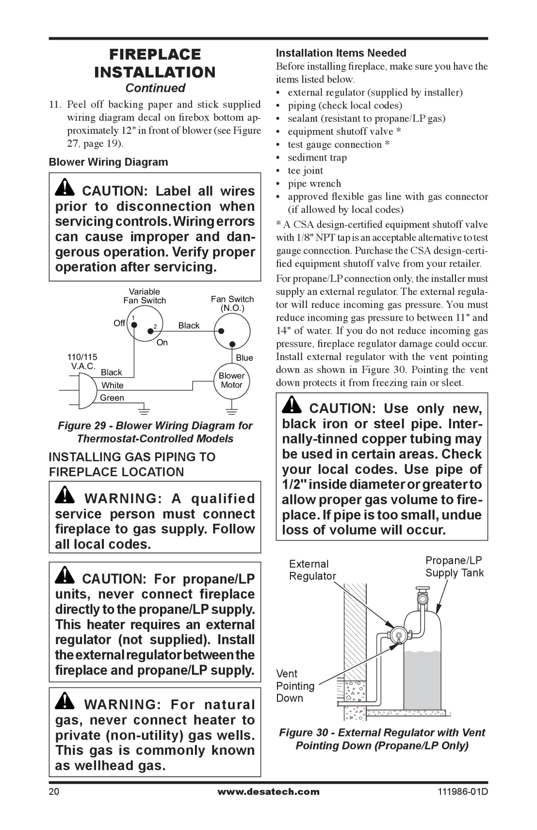 Desa (V)T32N SERIES Installing Gas Piping to Fireplace Location, Blower Wiring Diagram, Installation Items Needed 