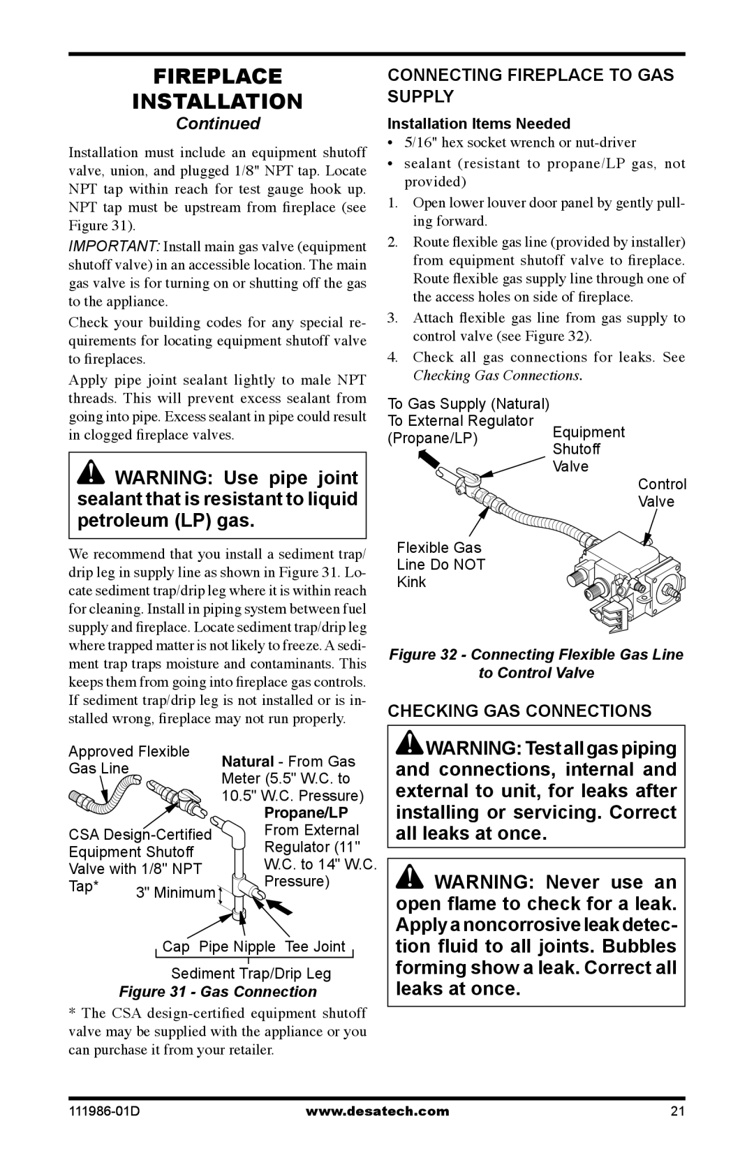 Desa (V)T32P SERIES, (V)T32N SERIES installation manual Connecting Fireplace to GAS Supply, Checking GAS Connections 