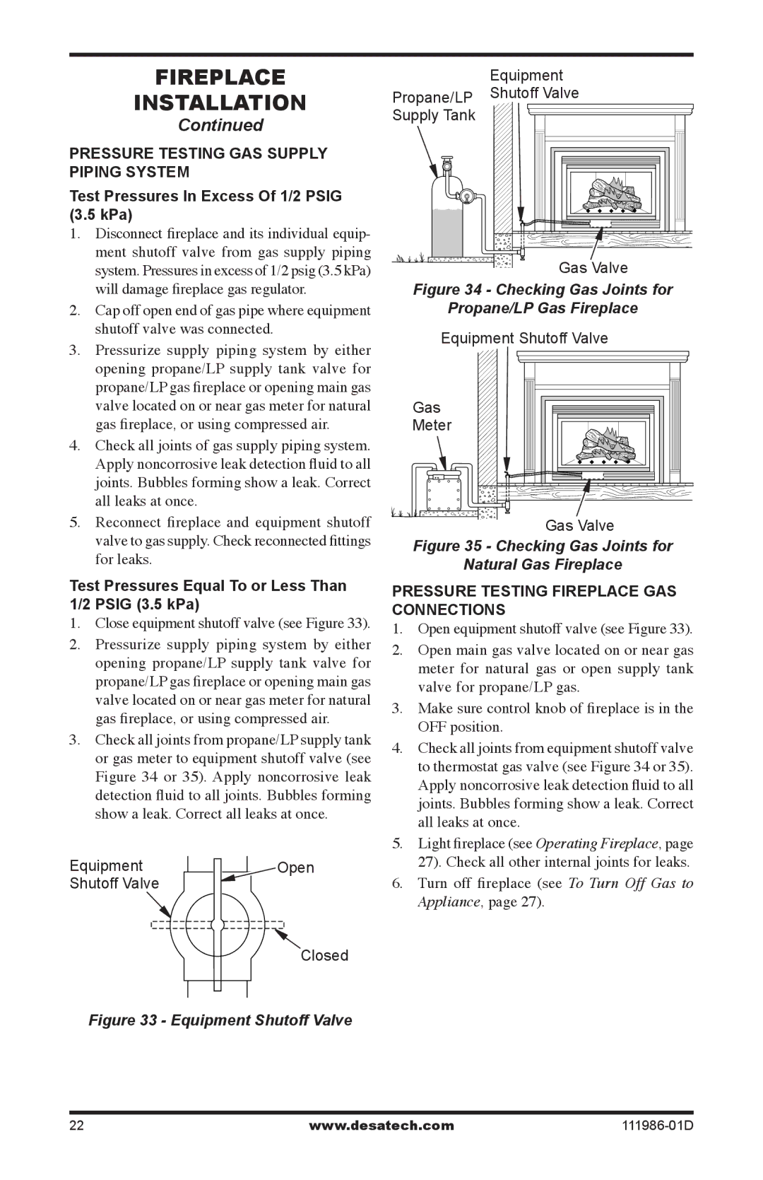 Desa (V)T32N SERIES Test Pressures Equal To or Less Than Psig 3.5 kPa, Pressure Testing Fireplace Gas Connections 