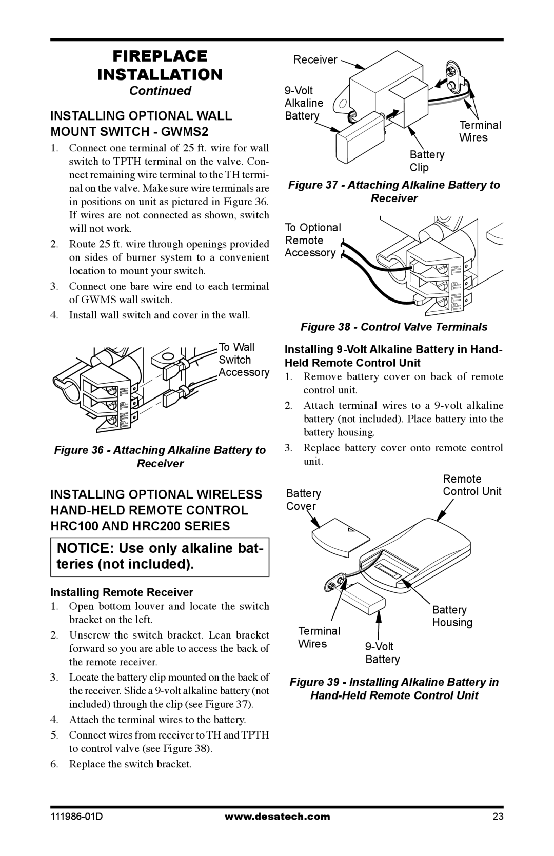 Desa (V)T32P SERIES, (V)T32N SERIES Installing optional wall mount switch GWMS2, Installing Remote Receiver 